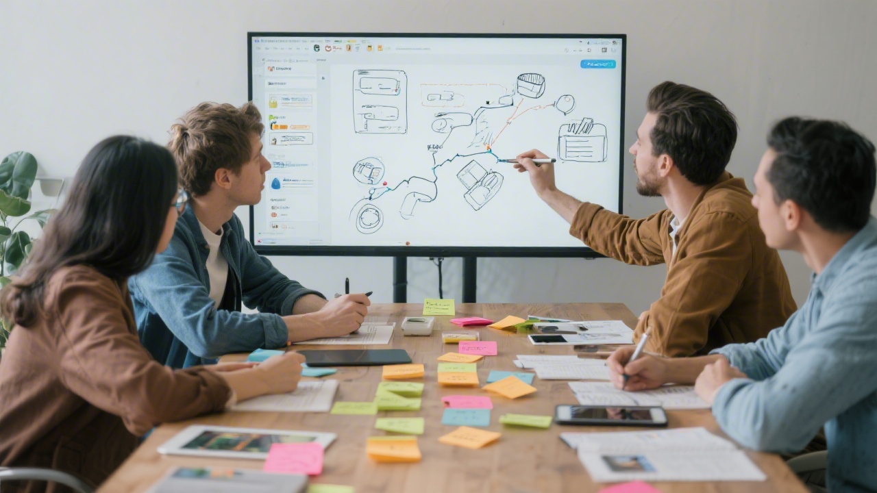 Designers sketching interactive components in Figma on shared screens while discussing user journeys around large table filled with post it notes and reference tablets.