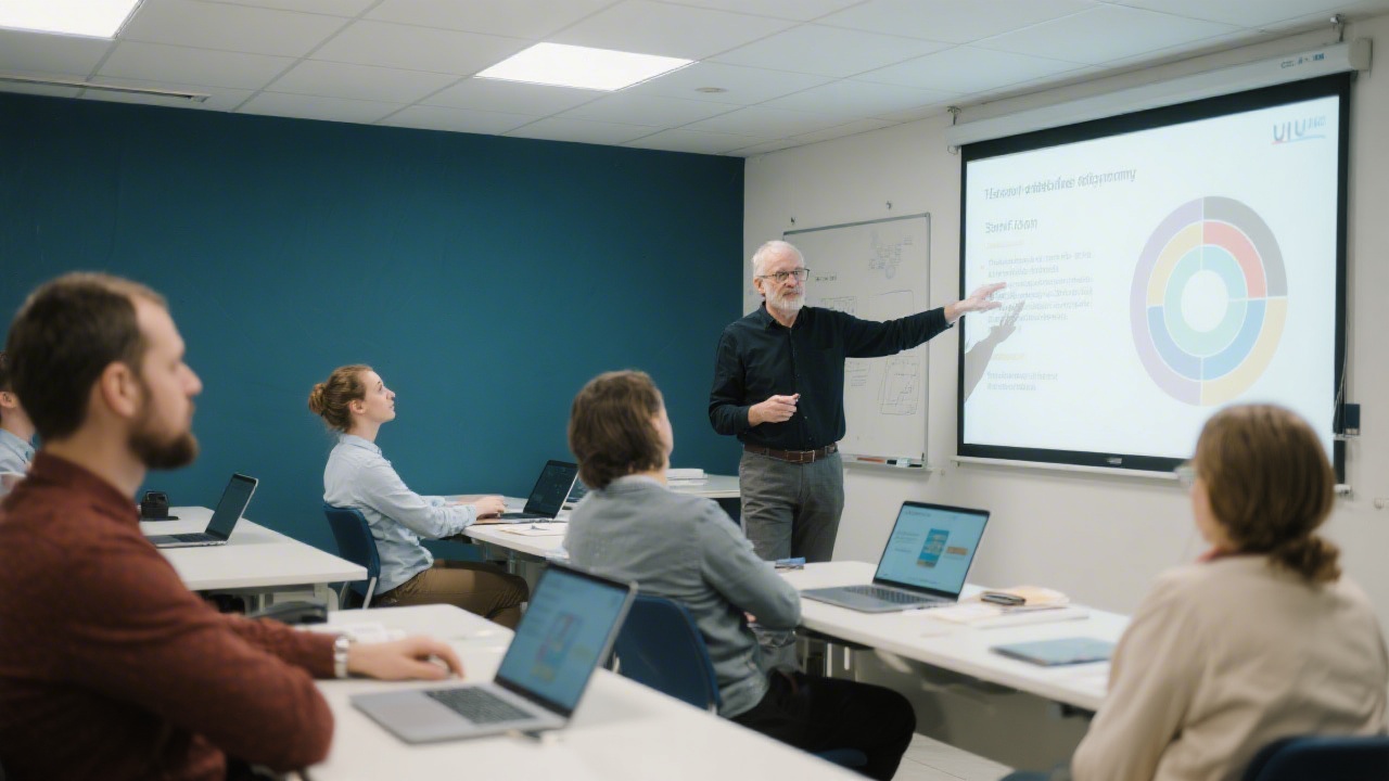 Senior UI UX instructor in Prague guiding adult professionals through interface design theory with projected slides in bright classroom with modern laptops and collaborative mood.