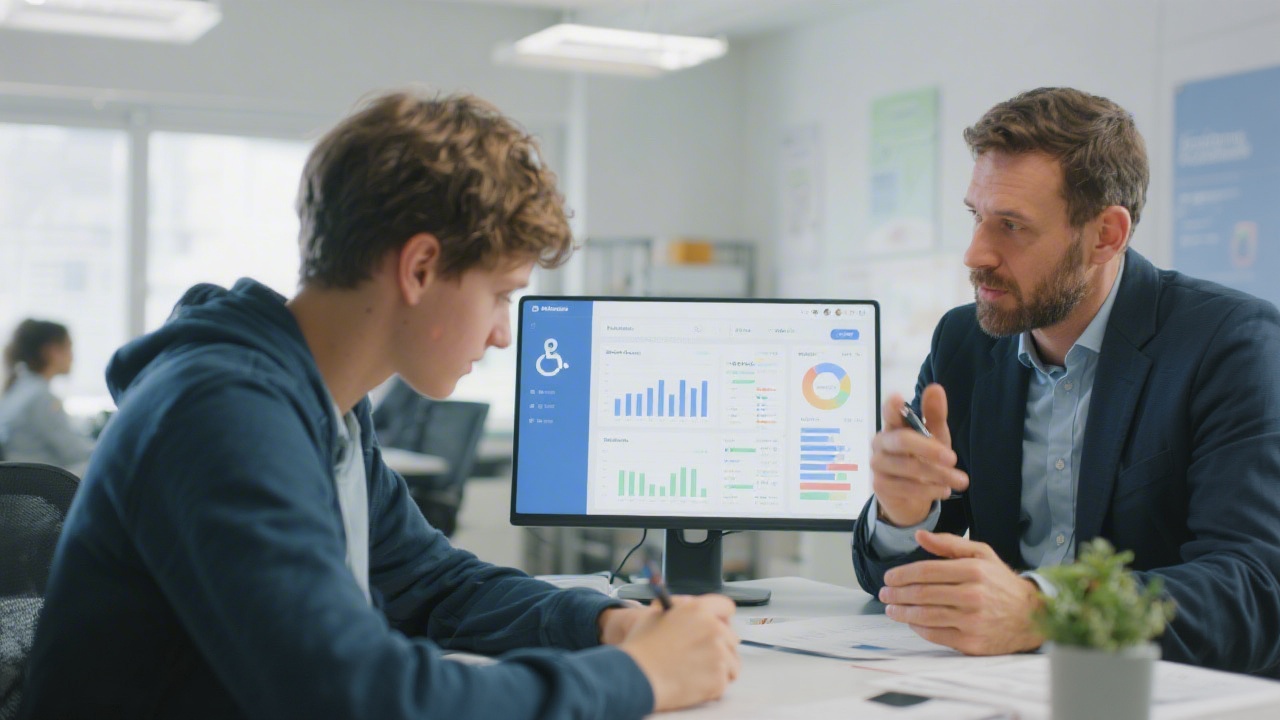 Mentor providing constructive feedback to student reviewing accessibility checklist and analytics dashboards during personalised consultation inside academy workspace.