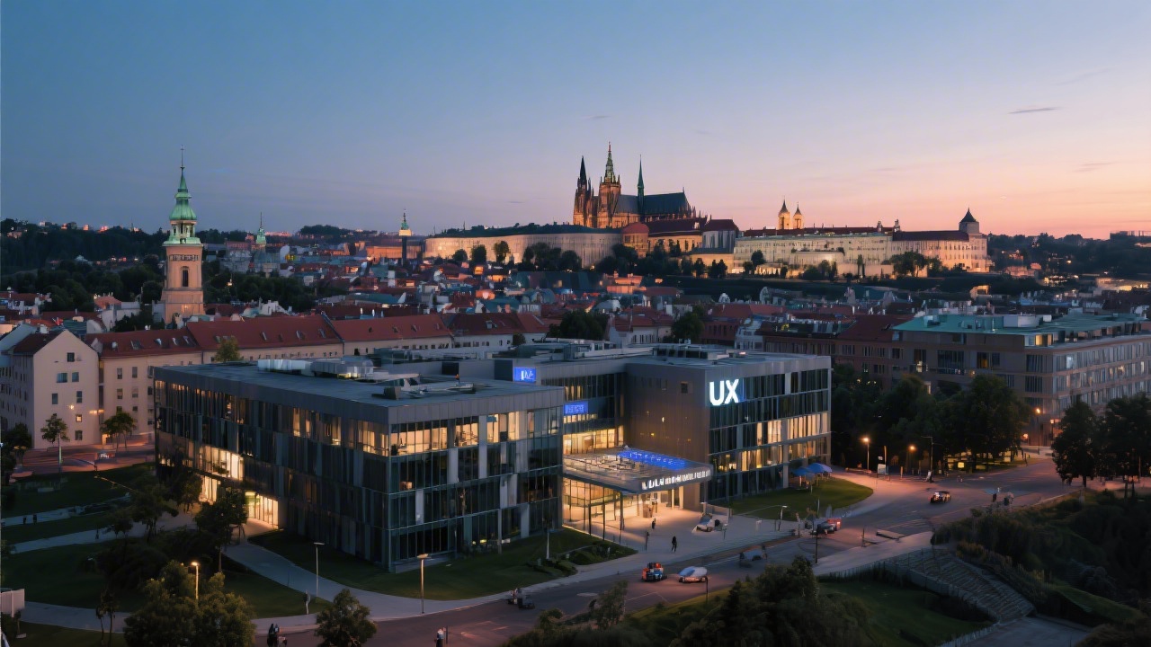 Scenic view of Prague city skyline at dusk with technology campus buildings symbolising innovation culture supporting local UX education initiatives.