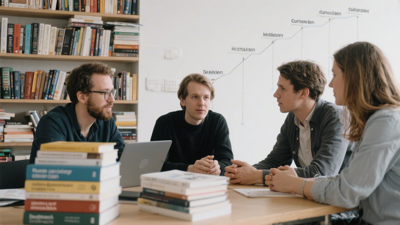 Small teaching team discussing curriculum milestones in Prague studio surrounded by books about human centered design and data driven research strategies.