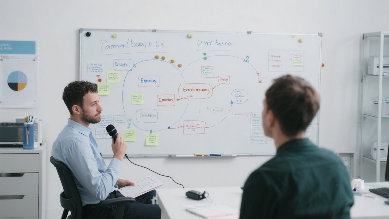 UX researcher interviewing participant in laboratory setting capturing detailed notes and audio recording while analysing customer behavior maps and empathy diagrams on whiteboard.