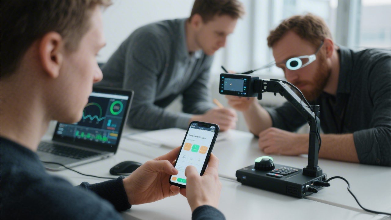 Participant using prototype mobile application during supervised usability testing session while facilitator tracks eye movements and interaction metrics on monitoring equipment.