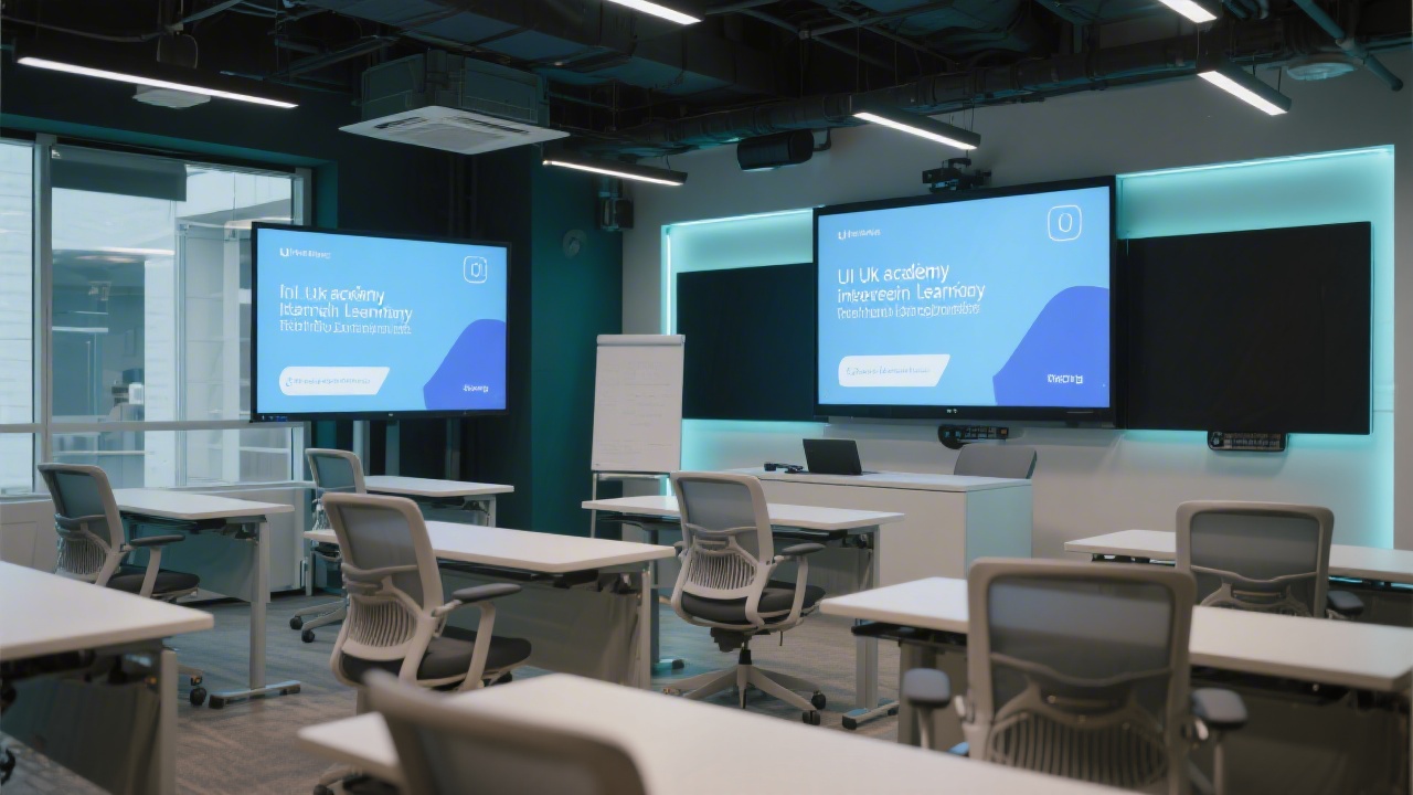 Modern training room with ergonomic chairs, large screens, and ambient lighting prepared for upcoming UI UX academy session focusing on iterative learning.