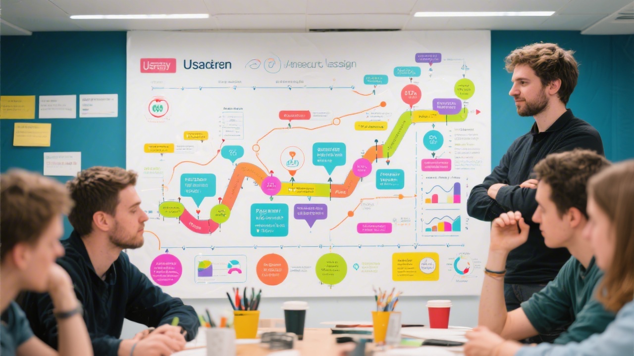 Colorful user journey map filled with milestones, pain points, metrics, and actionable insights created during service design workshop for local startup teams.