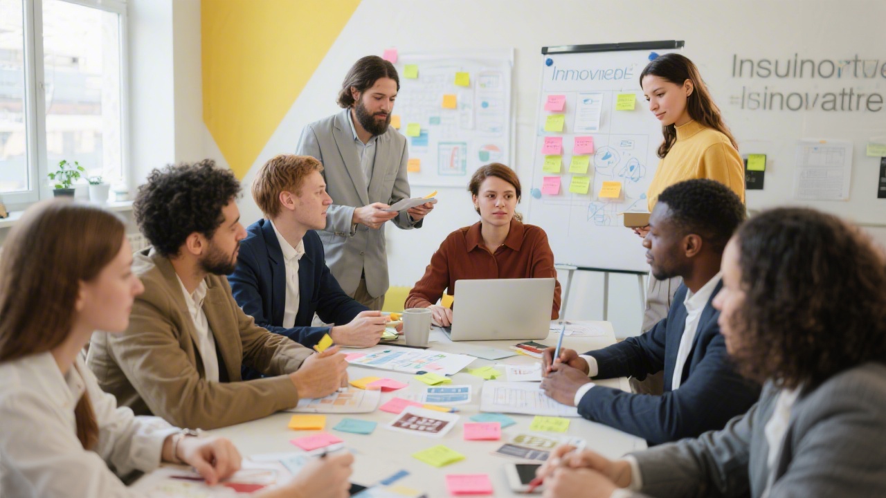 Diverse group of professionals collaborating on design thinking exercises using sticky notes, canvases, and insight cards inside bright innovation hub.